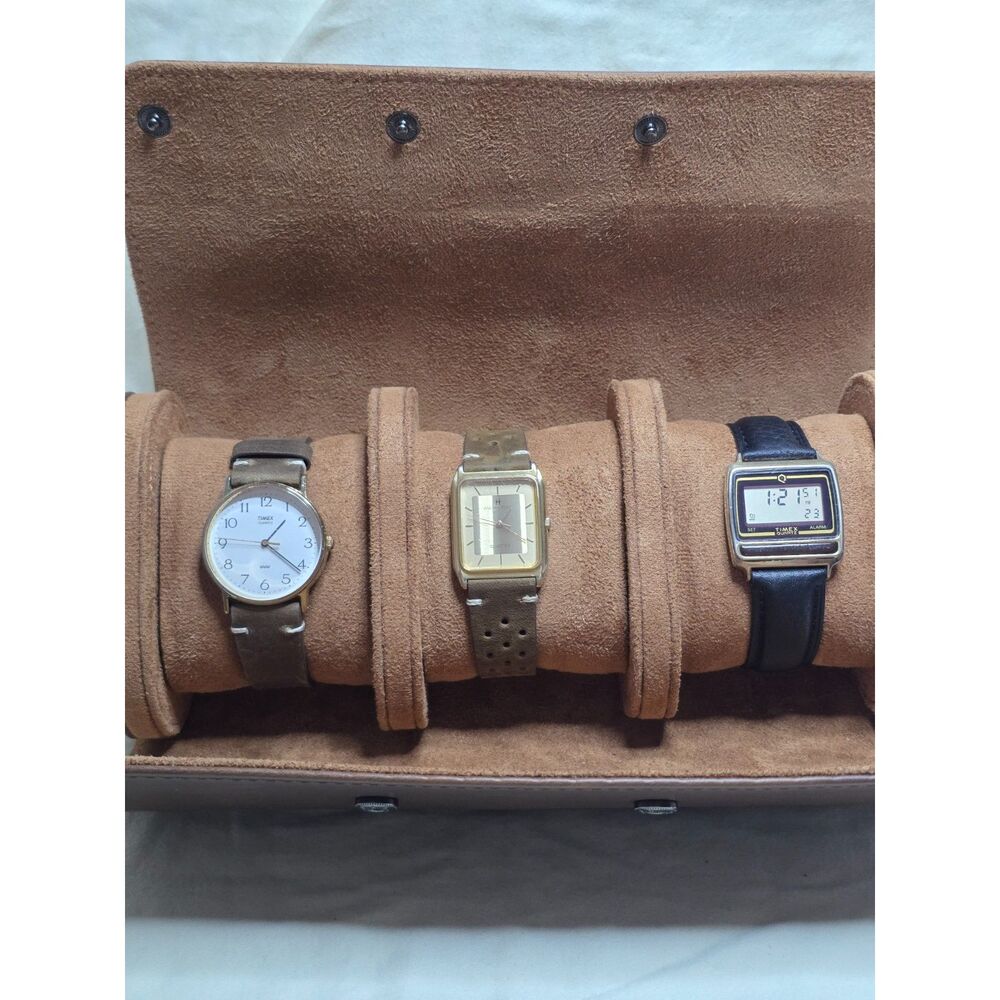 Vintage Watch Lot: Hamilton Wilshire + 2 Retro Timex Set w/ Leather Roll